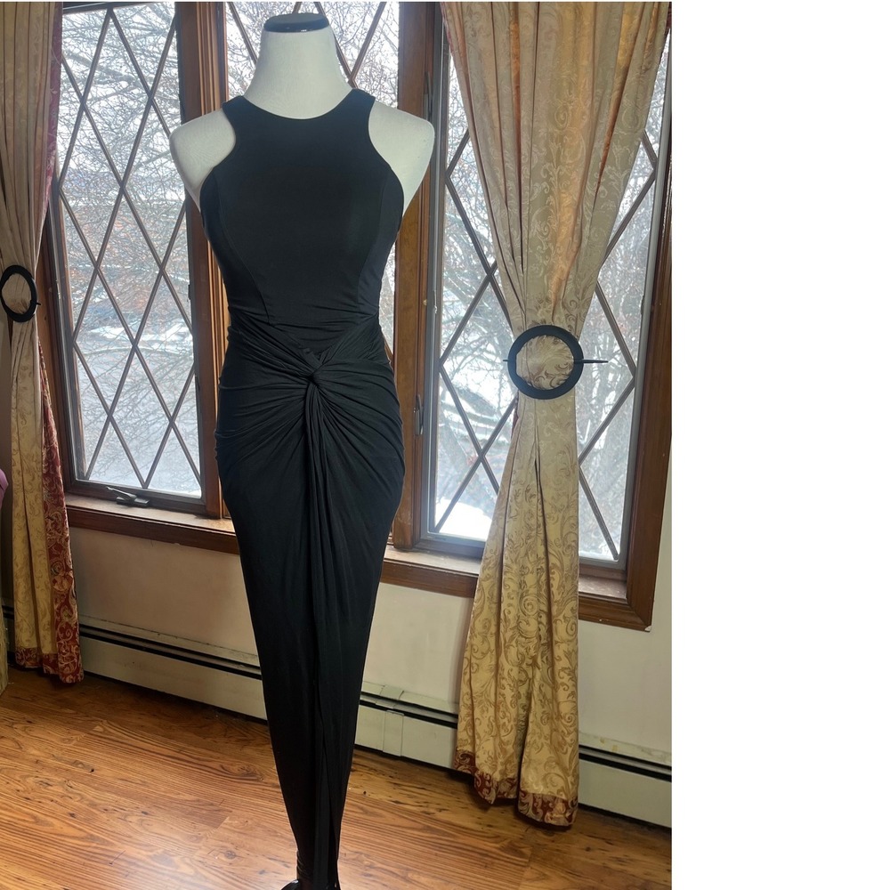 Gracia Black‎ Sleeveless Draped Knit Maxi Dress Front Knot Racerback Sz S